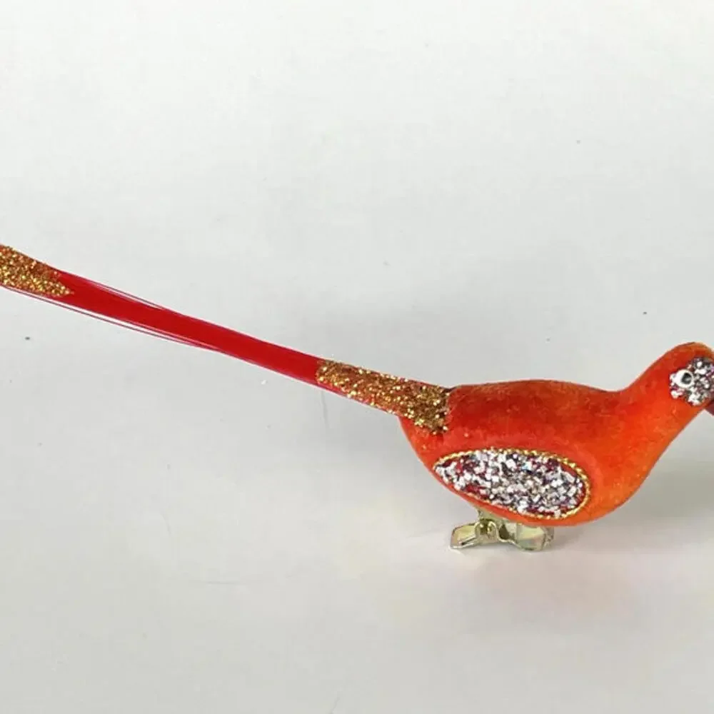 Vintage Flocked Glitter Long Tail Bird Clip On‎ Christmas Ornaments Orange White